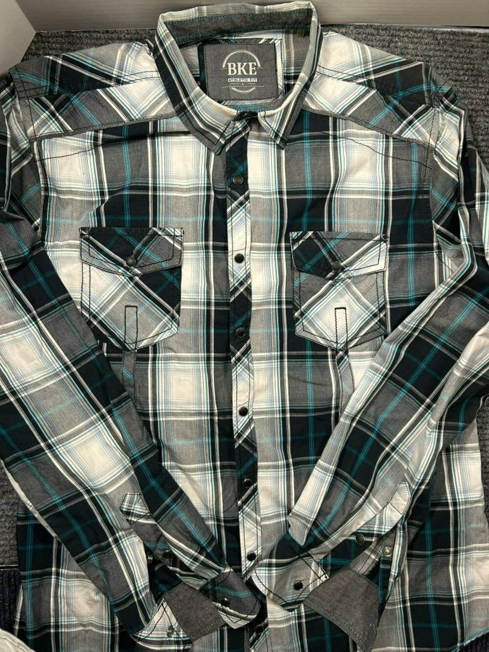 BKE Mens Athletic Fit Plaid Button-Down Shirt Gray/Teal Size L Long Sleeve